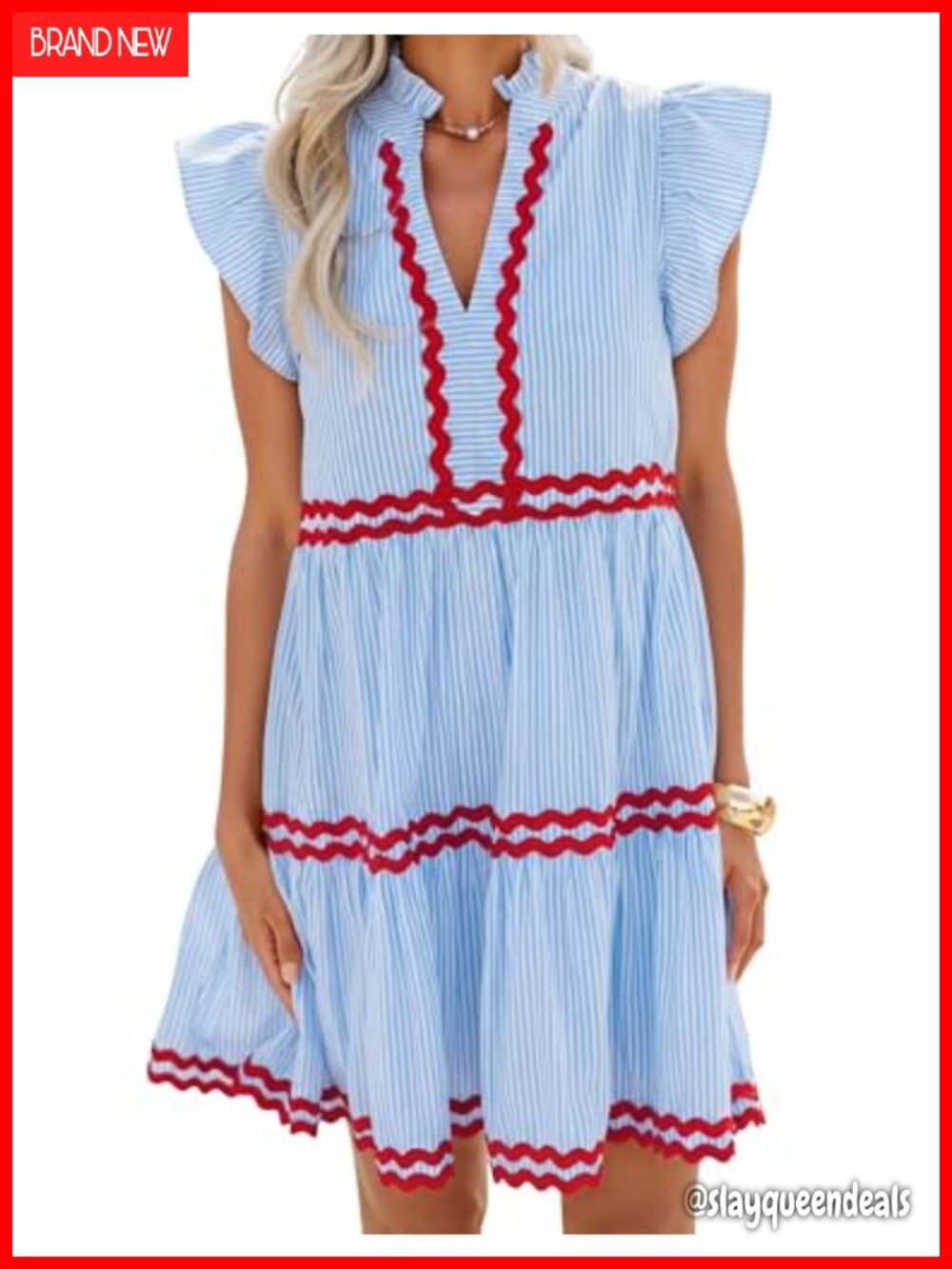 Flutter Sleeve V-Neck Striped Mini Dress Casual Beach Sundress